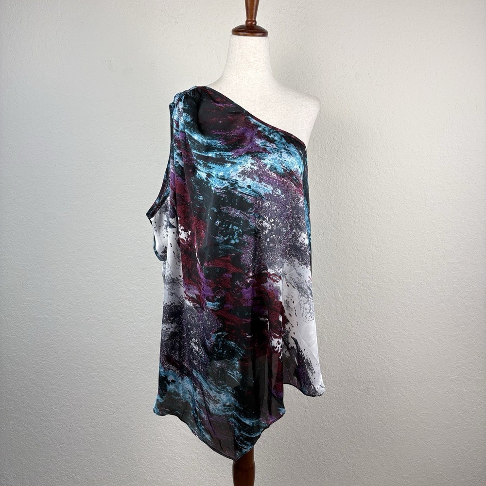 Bisou Bisou Size L Asymmetric Tunic Top Artsy Marbled One Shoulder Water Color